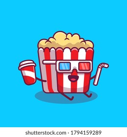 Cute Popcorn Holding Soda And Straw With 3D Movie Glasses Cartoon Vector Icon Illustration. Movie Food Cartoon Icon Concept Isolated Premium Vector. Flat Cartoon Style