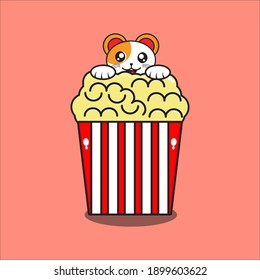 cute popcorn mascot with cat, cute popcorn character with vector design eps 10