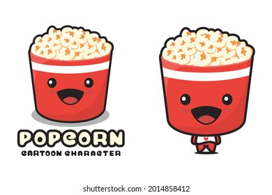 cute popcorn mascot, food cartoon illustration, suitable for use as logos, packaging labels, stickers, etc.