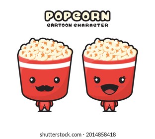 cute popcorn mascot, food cartoon illustration, isolated on white background