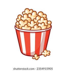 Cute Popcorn in paper buckets red and white striped on a white background. Vector illustration with cinema snack in cartoon style.