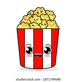 Cute popcorn in red bucket box. Flat cartoon character isolated on the white background. Popcorn concept