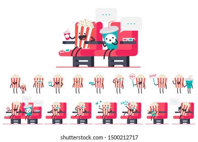 Cute popcorn and soda in cinema vector cartoon characters set isolated on a white background.