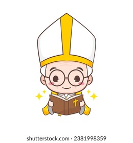 Cute Pope cartoon character. Happy smiling catholic priest mascot character. Christian religion concept design. Isolated white background. vector art illustration. 