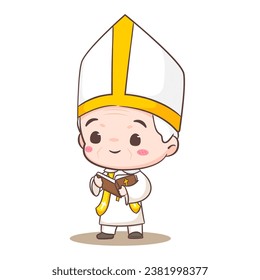 Cute Pope cartoon character. Happy smiling catholic priest mascot character. Christian religion concept design. Isolated white background. vector art illustration. 