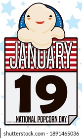 Cute popped kernel over patriotic calendar promoting National Popcorn Day on U.S.A. during January 19.