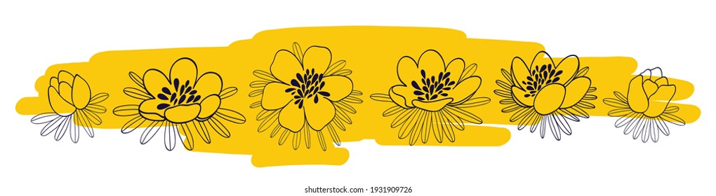 Cute poppies. A set of six linear flowers on a yellow spot. Hand-drawn vector stock illustration.