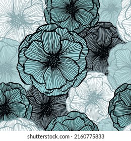 Cute poppy floral summer vector seamless pattern. Marker line texture blossom petals. Field poppy flower fabric print design. Bouquet flower amazing wallpaper. Nature shape repeat backdrop.