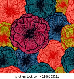 Cute poppy floral summer vector seamless pattern. Hand drawn line texture blossom petals. Field poppy flower textile print design. Bouquet flower colorful wallpaper. Flat graphic illustration.