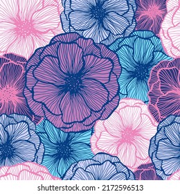 Cute poppy floral summer vector seamless pattern. Doodle line texture blossom petals. Field poppy flower textile print design. Bouquet flower trendy ornament. Color fashion tissue print.