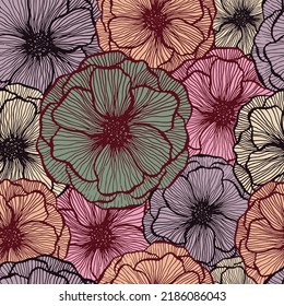 Cute poppy floral summer vector seamless pattern. Hand drawn line texture blossom petals. Field poppy flower wrapper print design. Stylish garden flower ornament. Nature shape repeat backdrop.