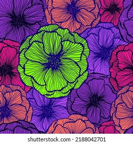 Cute poppy floral summer vector seamless pattern. Hand drawn line texture blossom petals. Field poppy flower textile print design. Bouquet flower unusual ornament. Spring card background.