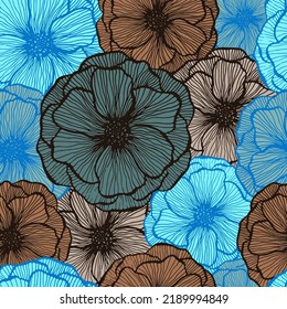 Cute poppy floral summer vector seamless pattern. Doodle line texture blossom petals. Field poppy flower textile print design. Awesome garden flower ornament. Color fashion tissue print.