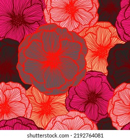 Cute poppy floral summer vector seamless pattern. Hand drawn line texture blossom petals. Field poppy flower fabric print design. Elegant garden flower ornament. Flat graphic illustration.