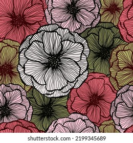 Vector de verano floral de adormidera sin fisuras. Pétalos de flor de textura dibujada a mano. Diseño de impresión textil de flores de amapola de campo. Ornamento inusual de la flor de Bouquet. Ilustración gráfica plana.