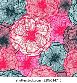 Cute poppy floral summer vector seamless pattern. Doodle line texture blossom petals. Field poppy flower textile print design. Beautiful garden flower ornament. Nature shape repeat backdrop.