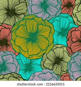 Cute poppy floral summer vector seamless pattern. Hand drawn line texture blossom petals. Field poppy flower fabric print design. Cool garden flower ornament. Nature shape repeat backdrop.