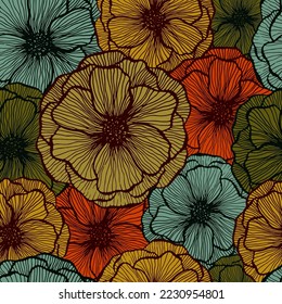 Cute poppy floral summer vector seamless pattern. Hand drawn line texture blossom petals. Field poppy flower wrapper print design. Awesome garden flower ornament. Flat graphic illustration.