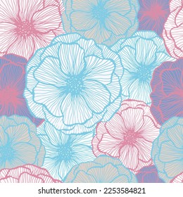 Cute poppy floral summer vector seamless pattern. Marker line texture blossom petals. Field poppy flower textile print design. Beautiful garden flower ornament. Flat graphic illustration.