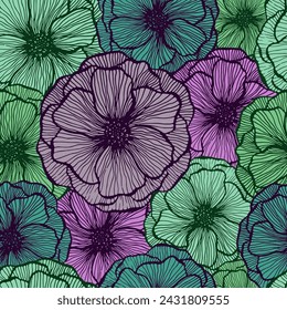 Cute poppy floral summer vector seamless pattern. Doodle line texture blossom petals. Field poppy flower fabric print design. Bouquet flower unusual ornament. Flat graphic illustration.