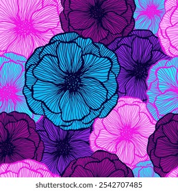 Lindo Vector de verano floral de amapola sin patrón. Pétalos de flor de textura de línea de marcador. Diseño de impresión textil de flores de amapola de campo. Hermoso ornamento de flores de jardín. Diseño de muestra de Scrapbook.