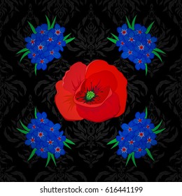 Cute poppy flowers pattern. Watercolor seamless pattern on striped background. Vector floral print on a black background.