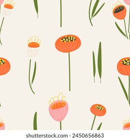 Lindas flores de amapola. Patrón sin costura para la tela, tela, impresión de papel. Ilustración vectorial en estilo moderno.