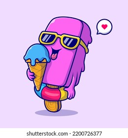 Cute Popsicle Eating Ice Cream Cone Cartoon Vector Icon Illustration. Food Summer Icon Concept Isolated Premium Vector. Flat Cartoon Style