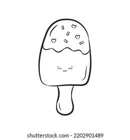 Cute popsicle isolated on white background. Ice cream, eskimo with happy kawaii face in doodle style. Coloring book. Vector Illustration