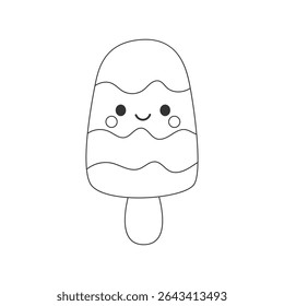 Contorno de picolé bonito com rosto sorridente e listras onduladas. Inclui pequeno exemplo colorido para atividades de arte divertida das crianças, artesanato criativo ou materiais educacionais