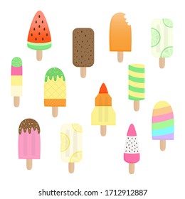 Conjunto de ilustraciones vectoriales de paleta. Colección de verano con hielo dibujado a mano. Diferentes sabores de helados. Aislado.