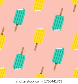Cute popsicles seamless pattern on pale pink background. Colorful ice cream background in flat cartoon style. Vector illustration in pastel colors.