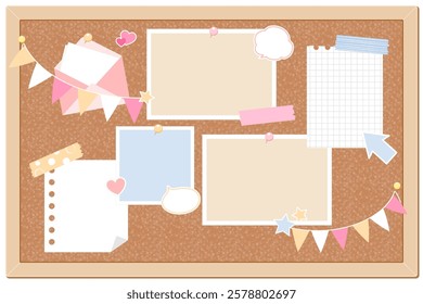 A cute and pop-style bulletin board illustration. Decorated with banners, notes, and pins, this frame is perfect for backgrounds in schools, offices, or event announcements.