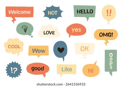 A cute and pop-style set of English speech bubbles in retro colors. Perfect for SNS posts, banners, video thumbnails, kids content, and more. Fully editable vector format for versatile use.