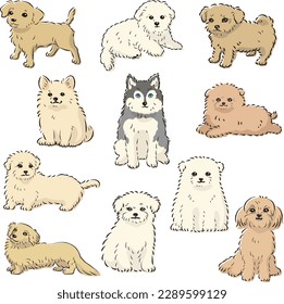 Cute popular mixed dog hand-drawn line drawing vector illustration set