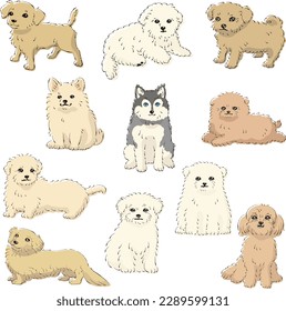 Juego de ilustraciones vectoriales de líneas dibujadas a mano de perros mixtos populares