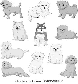 Cute popular mixed dog hand-drawn line drawing vector illustration set (black and white)