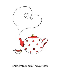 Cute porcelain teapot hand drawn illustration. Cup and kettle with red polka dots isolated on white background