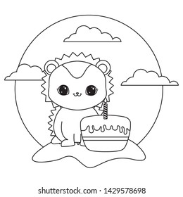 cute porcupine animal with cake of birthday in landscape