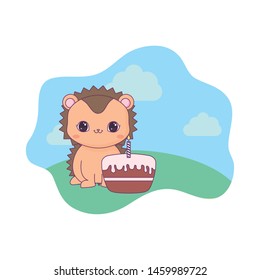 cute porcupine animal with cake of birthday