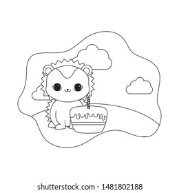 cute porcupine animal with cake of birthday