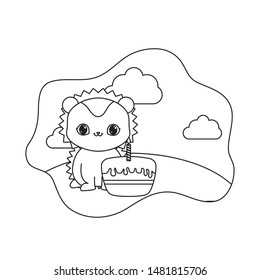 cute porcupine animal with cake of birthday