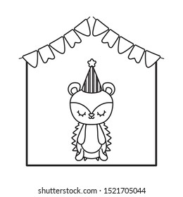 cute porcupine animal with garlands and hat party vector illustration design