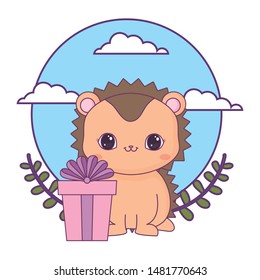 cute porcupine animal with gift box