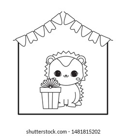 cute porcupine animal with gift box and garlands