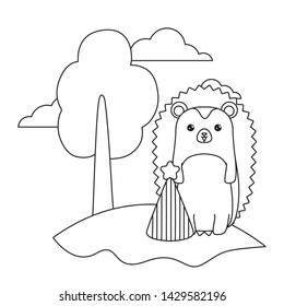 cute porcupine animal with hat party in landscape