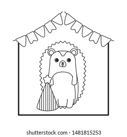 cute porcupine animal with hat party and garlands