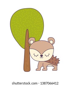 cute porcupine animal with tree plant