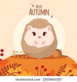 Cute porcupine with autumn leaves and text Hello Autumn, Vector