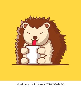 Cute Porcupine with Drink Cartoon Vector Illustration. World Animal Day Concept